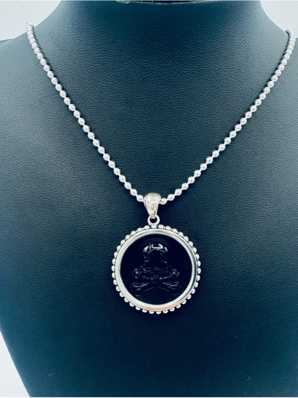 LAGOS ANTHEM Small Onyx Skull Crossbone Amulet and Sterling Silver Bead Chain
